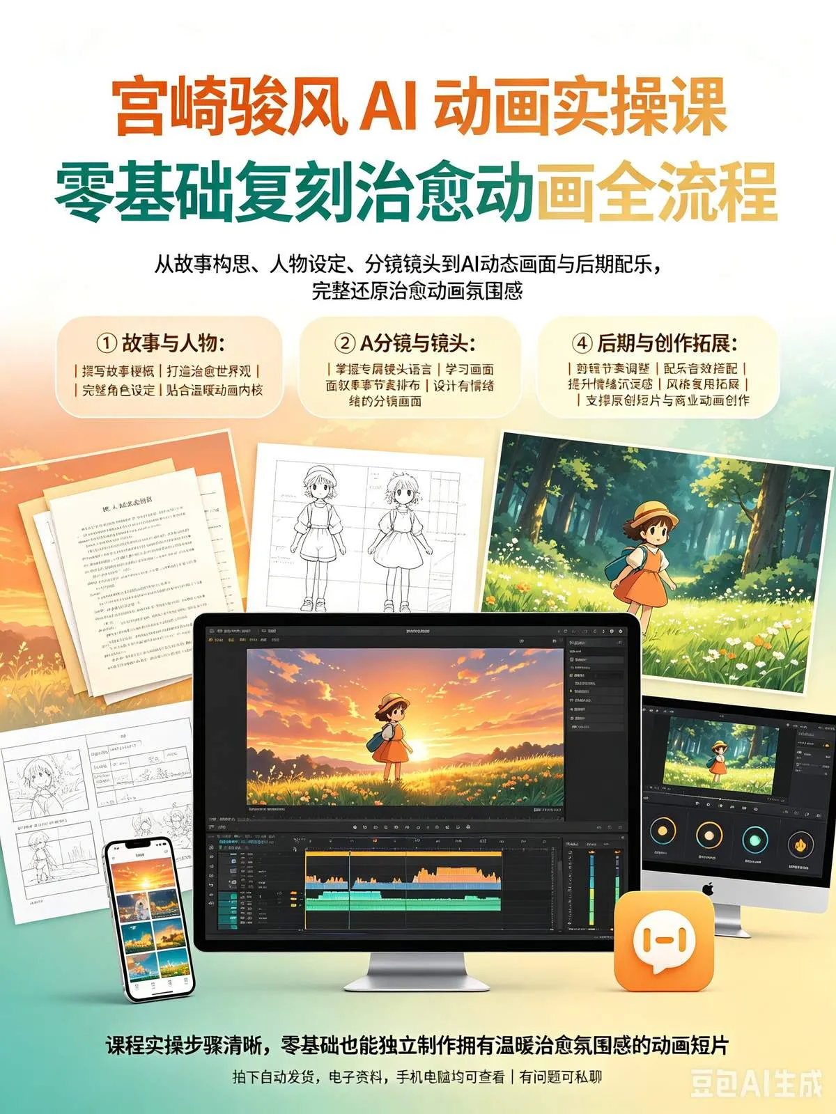 AI宫崎骏动画制作全套教程 治愈系动画从构思到成片实操资料-木木暖资源站