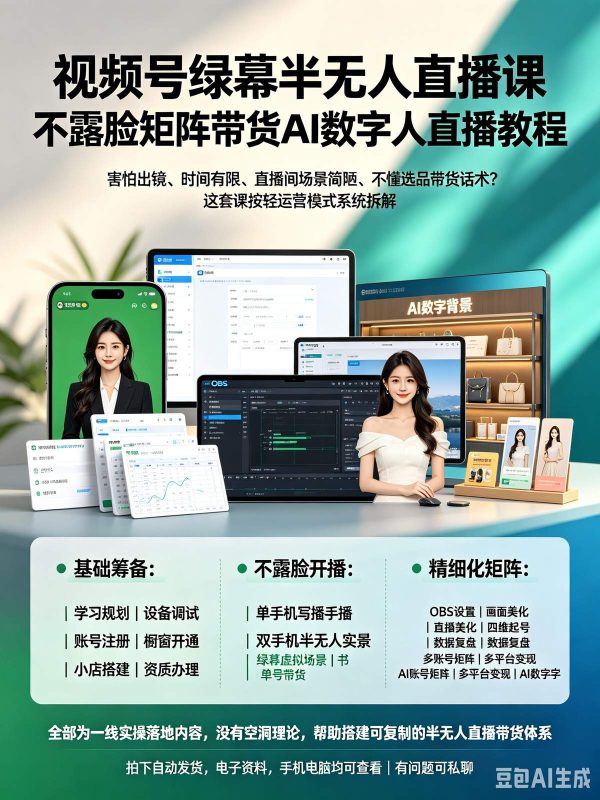 视频号零基础不露脸直播教程 视频号绿幕矩阵数字人直播-木木暖资源杂货铺