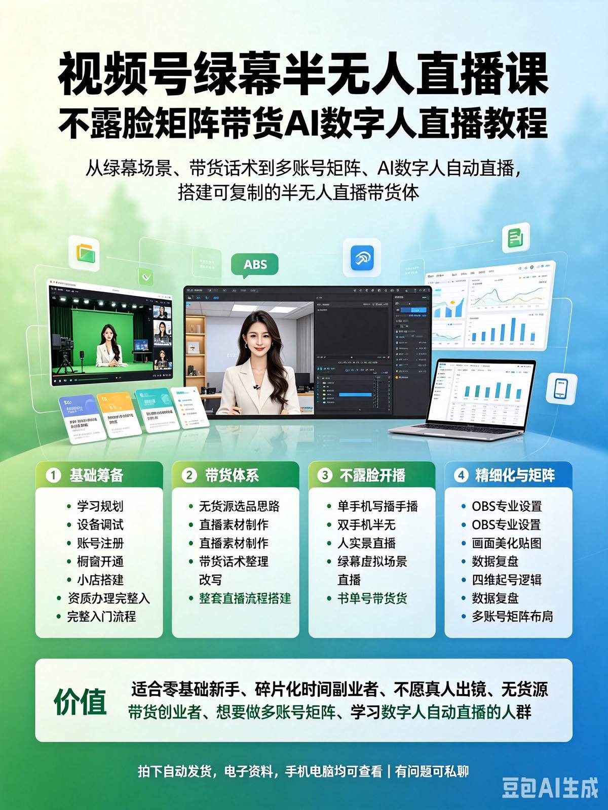 视频号零基础不露脸直播教程 视频号绿幕矩阵数字人直播
