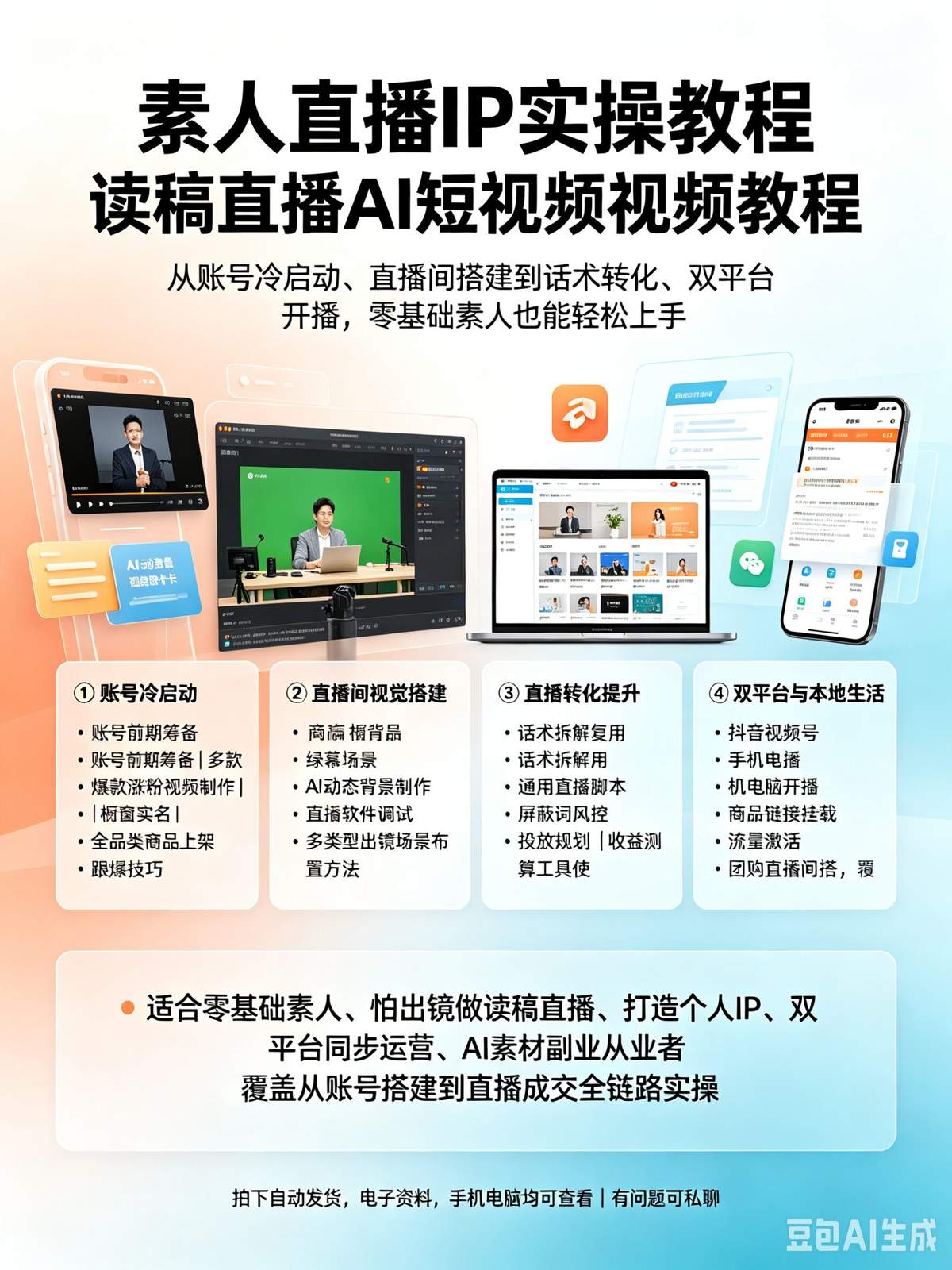 素人直播IP实操教程 读稿直播AI短视频视频教程