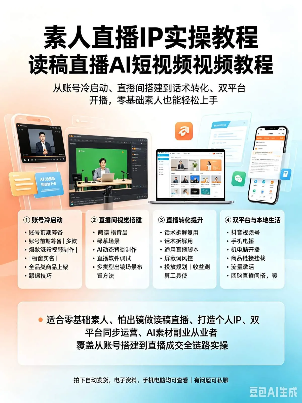 素人直播IP实操教程 读稿直播AI短视频视频教程-木木暖资源站