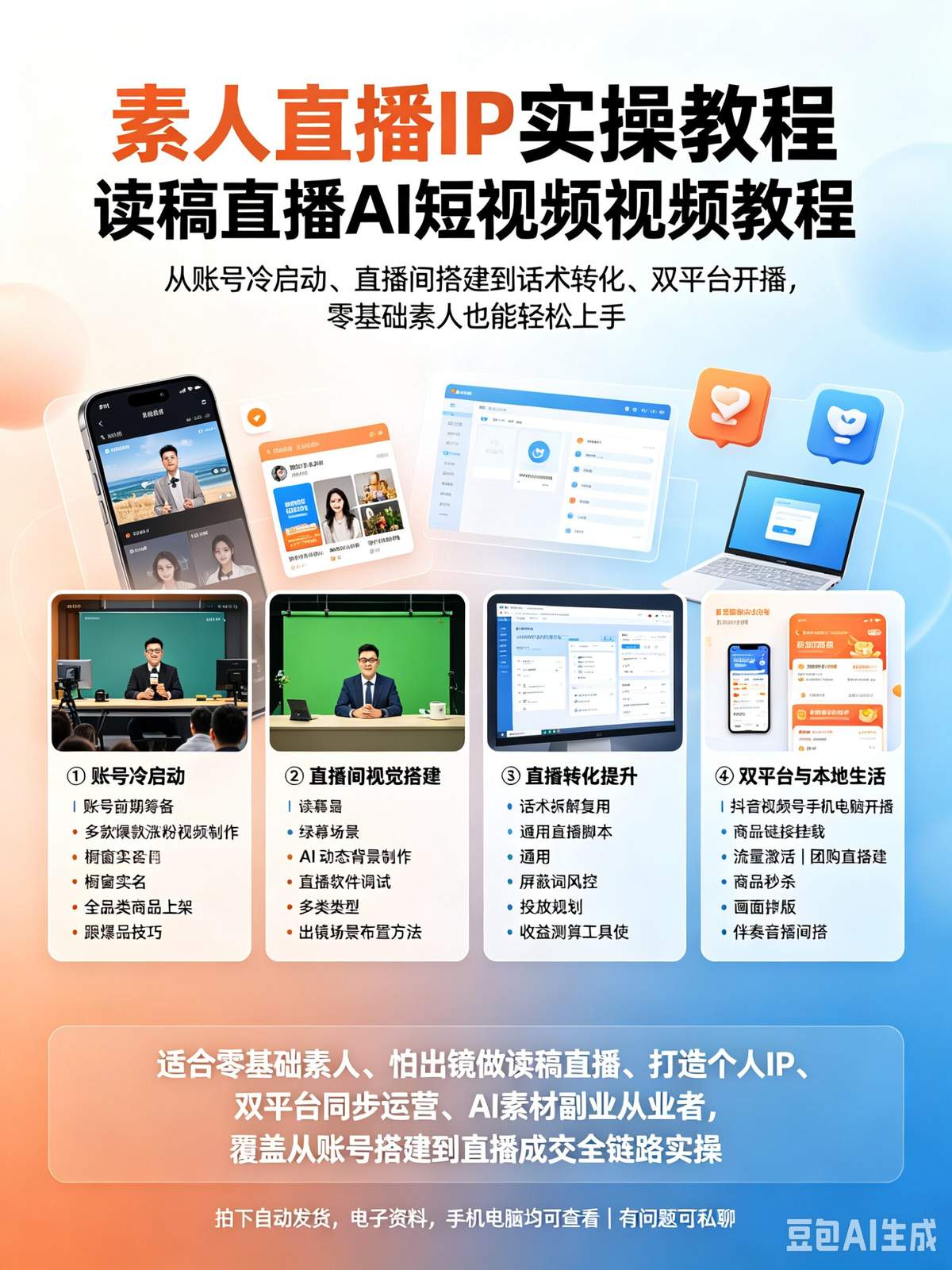 素人直播IP实操教程 读稿直播AI短视频视频教程