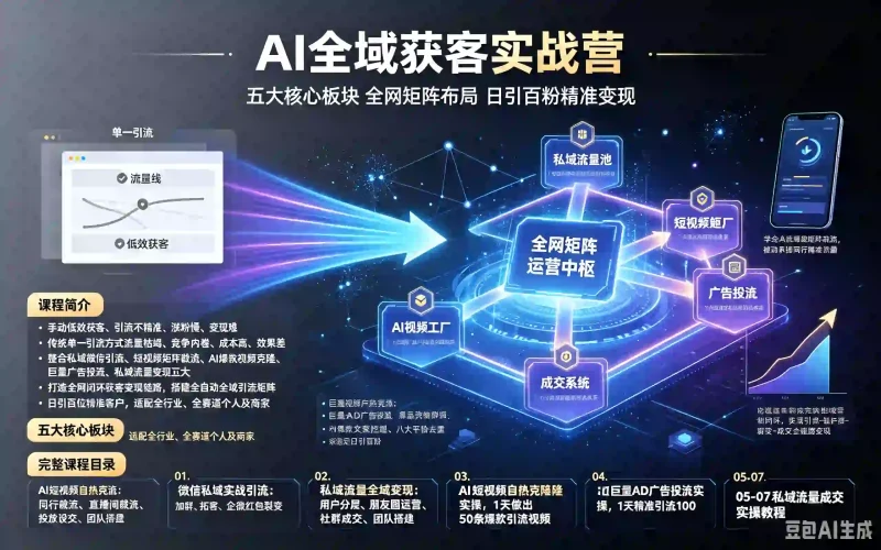 AI全域获客实战营：五大核心板块全网矩阵布局，日引百粉精准变现-木木暖资源站