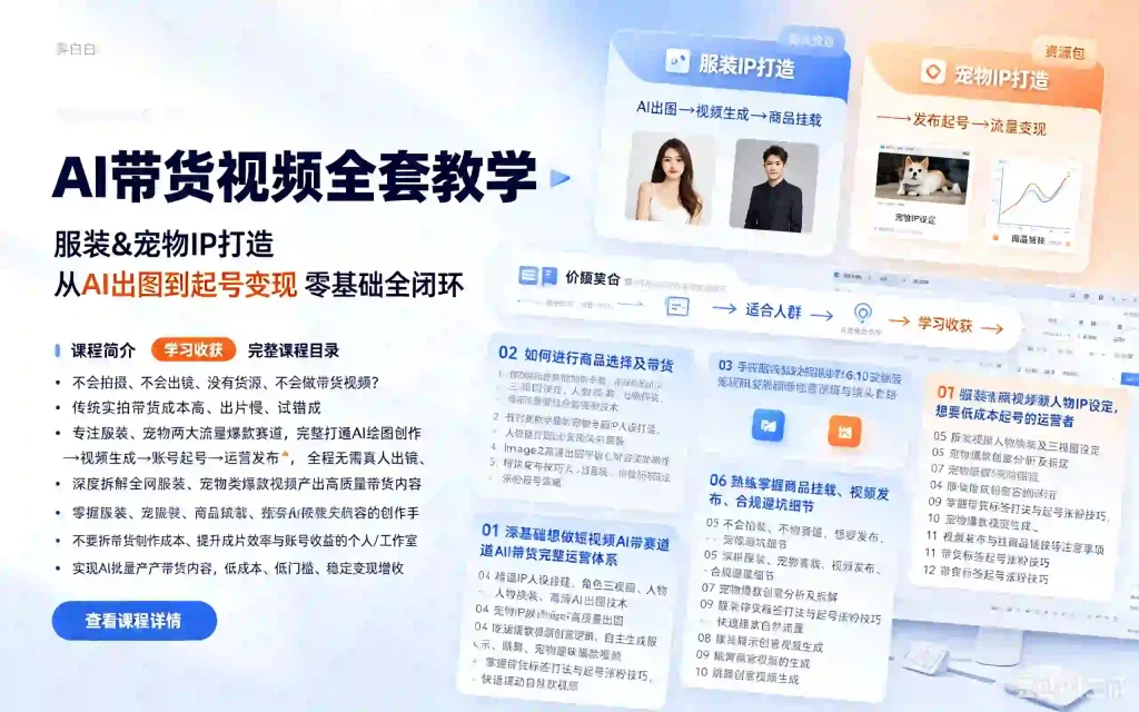 AI带货视频教学,服装宠物IP打造,从出图生成到起号变现,用AI高效产出带货内容,实现账号变现增收