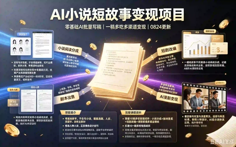 AI小说短故事变现项目：大佬实测月入1-3W，零基础AI批量写稿一稿多吃-木木暖资源站