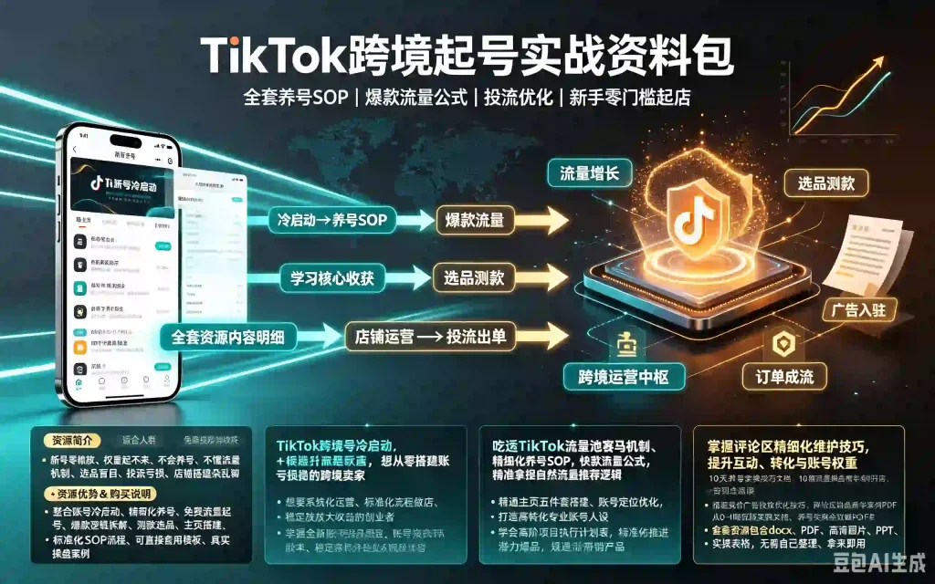 TikTok跨境起号实战资料包|全套养号SOP+爆款流量公式+投流优化 新手零门槛起店