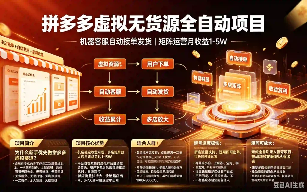 拼多多虚拟无货源全自动项目|机器客服自动接单发货 矩阵运营月收益1-5W