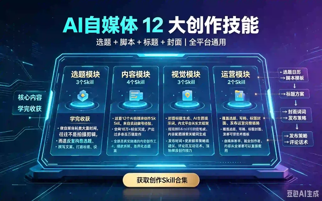 AI 自媒体 12 大创作skill|选题 + 脚本 + 标题 + 封面|全平台通用